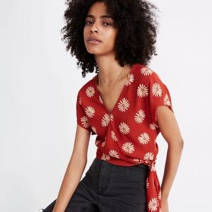Madewell Red Cream Wrap Blouse Tie Front